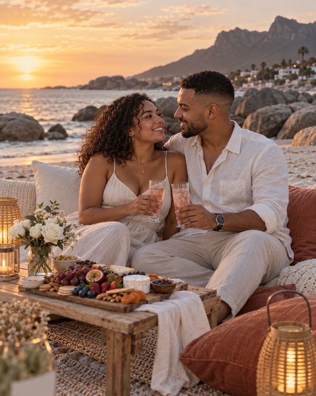A couple smiling at a romantic styled sunset picnic on the beach in Camps Bay, Cape Town