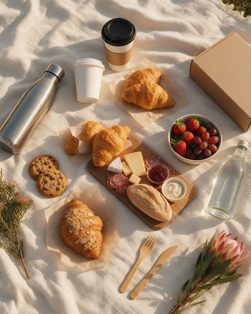 Coffee, croissants, cookies and fruit on a picnic blanket