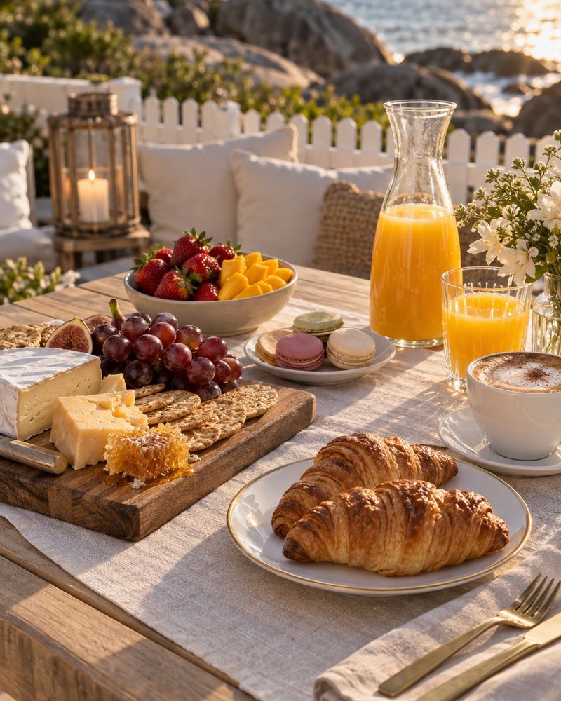 A grazing board, flowers and lanterns on a low picnic table
