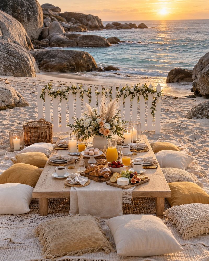 A styled beach picnic with a low table, cushions, rug and umbrella ready for a proposal