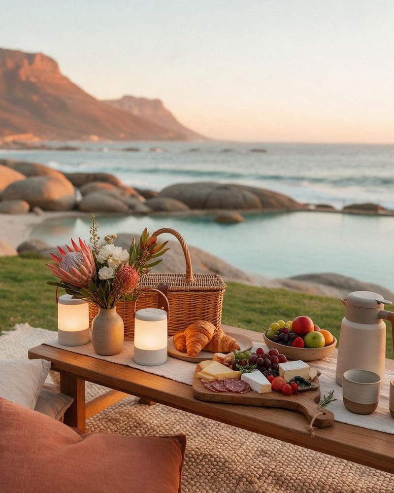 A styled sunset picnic for two with cushions, lanterns and flowers above the sea